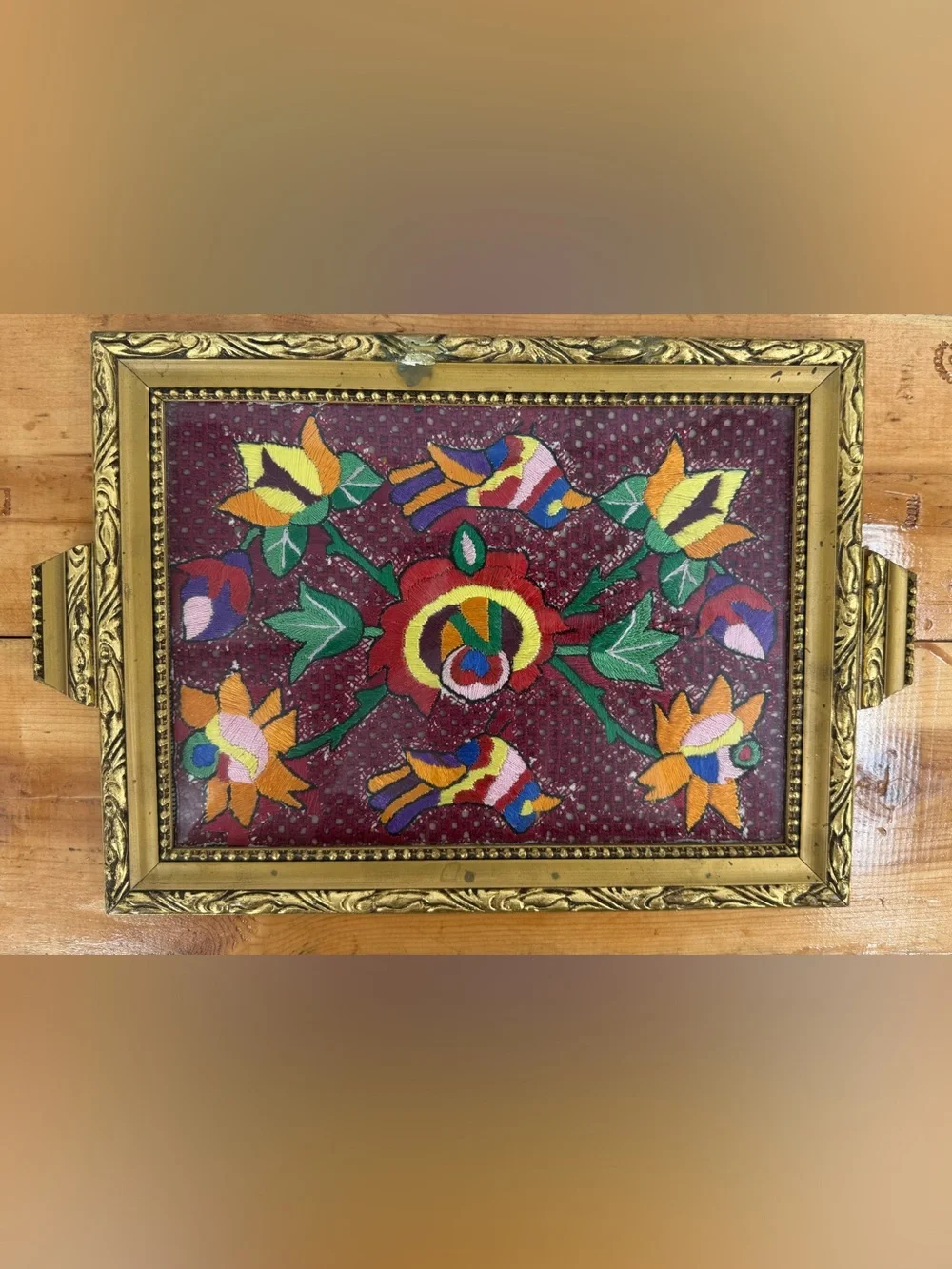 Vintage 70’s Framed Needlepoint Embroidered Floral Glass Vanity Gold Tray